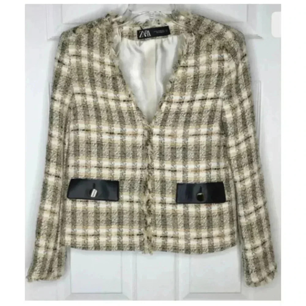 NEW ZARA Tan Black Plaid Boucle Tweed Gold Faux Leather Jacket XS Fray Trim NWT